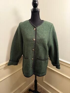 Vintage Austrian Virgin Wool Cardigan Coat Green Loden Tyrolean Shacket Buttons
